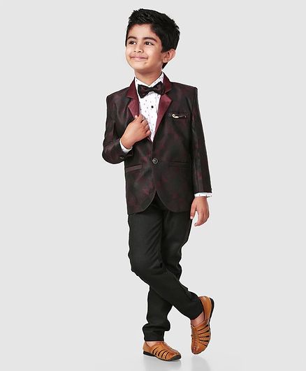 Dapper Dudes Checks Full Sleeves 3 Piece Suit With Bow & Broch - Maroon