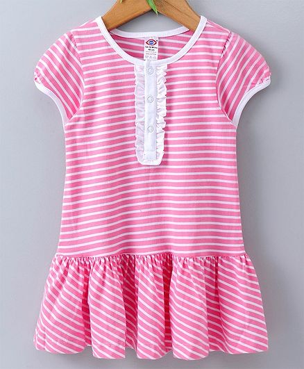 Zero Short Sleeves Stripe Frock - Light Pink White