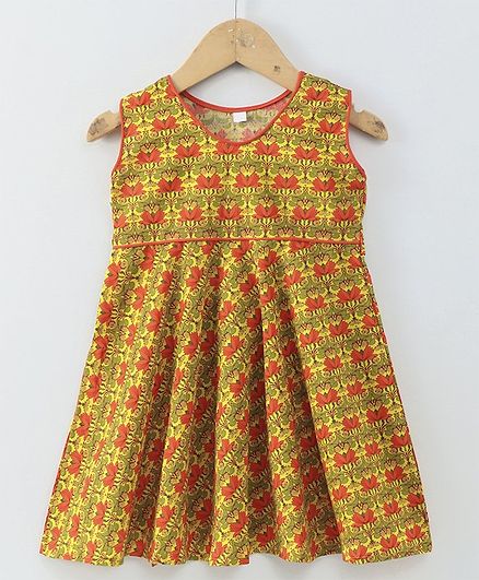 Kidcetra All Over Lotus Printed Sleeveless Dress - Yellow