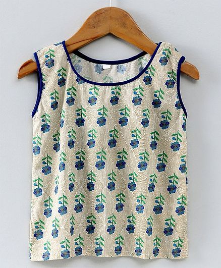 Kidcetra Sleeveless Flower Printed Top - Off White & Blue