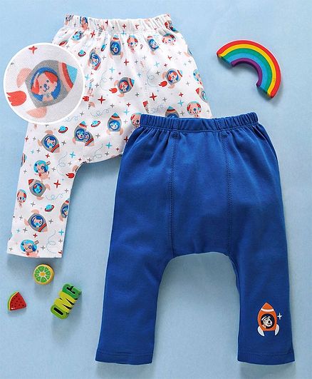 Babyhug Cotton Diaper Leggings Rocket Print Pack of 2 - White Blue