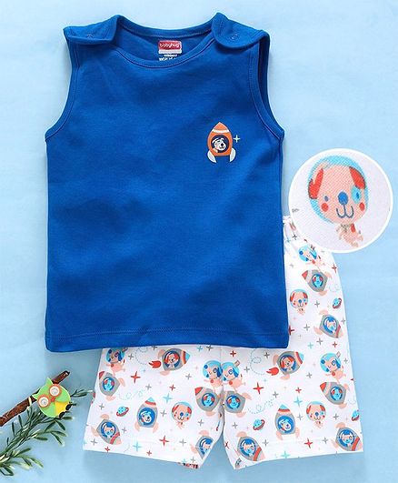 Babyhug Cotton Sleeveless Night Suit - Blue White