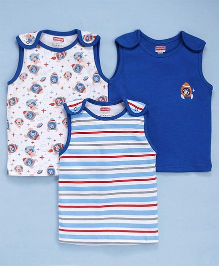 Babyhug Cotton Sleeveless Tees Pack of 3 Multi Print - White Blue