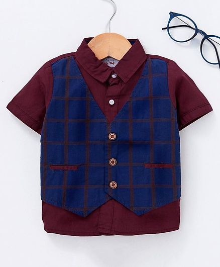 Kookie Kids Checked Half Sleeves Party Wear Shirt - Navy Blue & Red