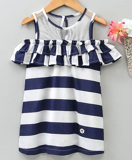 Kookie Kids Sleeveless Striped Frock With Frill Pattern - Navy