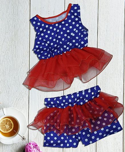 Passion Petals Sleeveless Swimwear Dotted Print - Red Blue