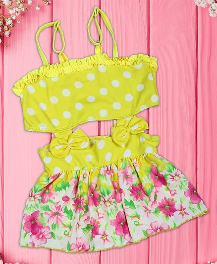 Passion Petals Singlet Polka Dot Frock Style Swim Suit Bow Appliques - Yellow