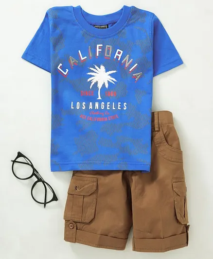 Rikidoos Half Sleeves Printed Tee With Shorts - Brown & Blue