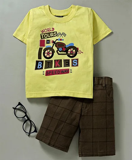 Rikidoos Half Sleeves Bikers Speedway Print Tee With Shorts - Yellow & Dark Brown