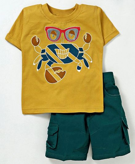 Rikidoos Half Sleeves Crab Print Tee With Shorts - Yellow & Dark Blue