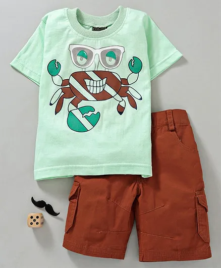Rikidoos Half Sleeves Crab Print Tee With Shorts - Green & Brown