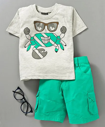 Rikidoos Half Sleeves Crab Print Tee With Shorts - Off White & Sea Green