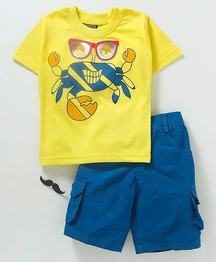 Rikidoos Half Sleeves Crab Print Tee With Shorts - Yellow & Blue