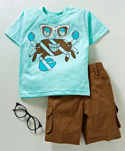 Rikidoos Half Sleeves Crab Print Tee With Shorts - Light Blue & Brown