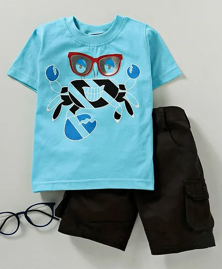Rikidoos Half Sleeves Crab Print Tee With Shorts - Blue & Black