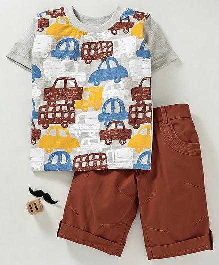 Rikidoos Half Sleeves Vehicles Print Tee With Knee Length Shorts - Grey & Brown