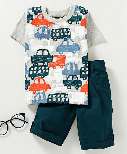 Rikidoos Half Sleeves Vehicles Print Tee With Knee Length Shorts - Grey & Blue
