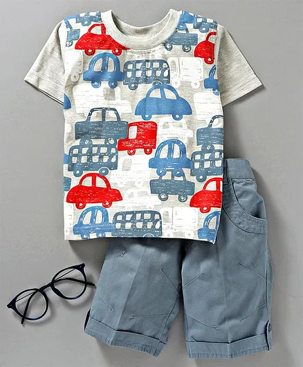 Rikidoos Half Sleeves Vehicles Print Tee With Knee Length Shorts - Grey & Light Blue