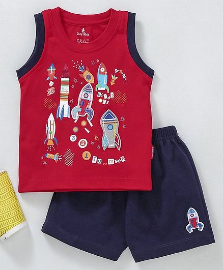 Child World Sleeveless Tee With Shorts Rocket Print - Red