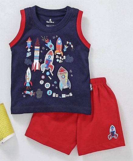Child World Sleeveless Tee With Shorts Rocket Print - Navy