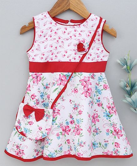 Dew Drops Sleeveless Frock With Bag Floral Print - Red