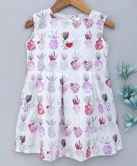 Dew Drops Sleeveless Pleated Frock Fruit Print - White Pink