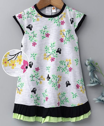 Dew Drops Short Sleeves Frock Teddy Bear Print - Grey