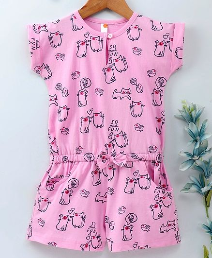 Dew Drops Short Sleeves Romper Kitty Print - Pink