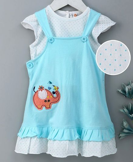 Dew Drops Sleeveless Frock With Inner Tee Elephant Print - Blue
