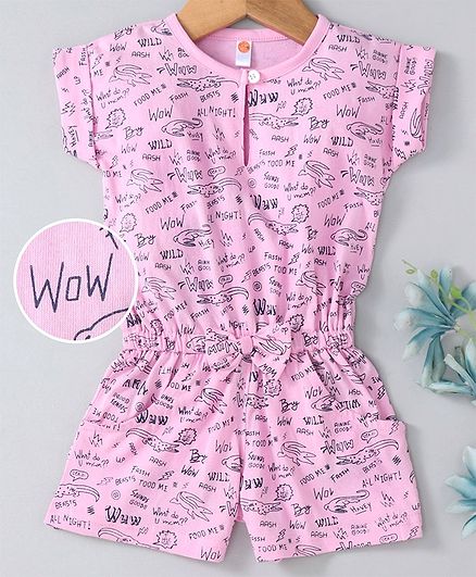 Dew Drops Short Sleeves Romper Text Print - Pink