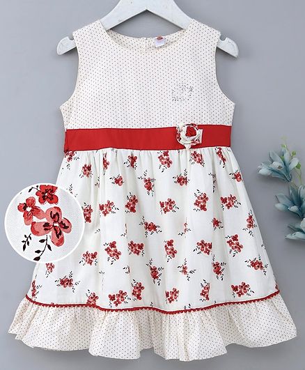 Dew Drops Sleeveless Frock Floral Print - Red
