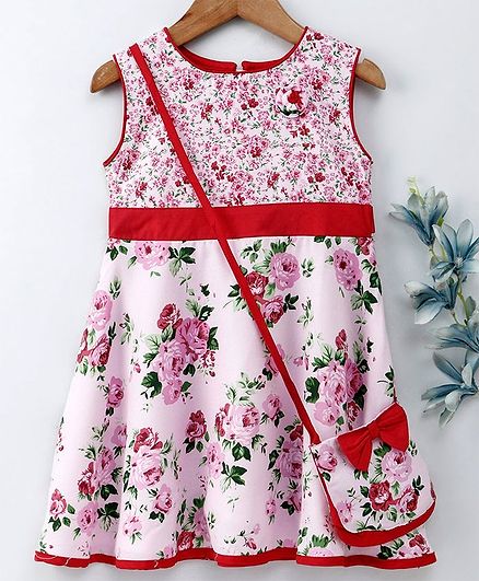 Dew Drops Sleeveless Frock With Bag Floral Print - Pink