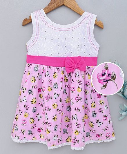 Dew Drops Sleeveless Frock Floral Print - Light Pink