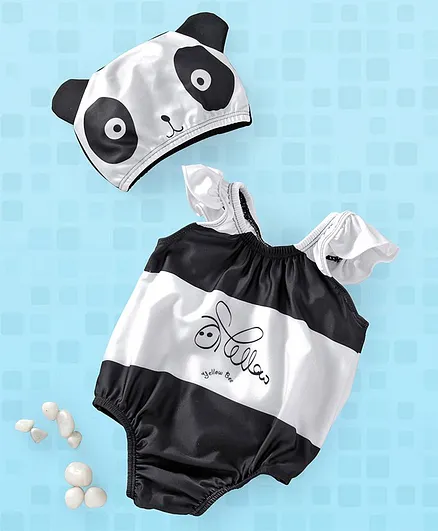 Yellowbee Panda Printed Cap Sleeves Swimsuit With Cap - Black & White