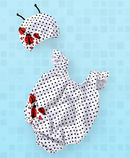 Yellowbee Polka Dot Print Swimsuit With Lady Bug Printed Cap - White & Red