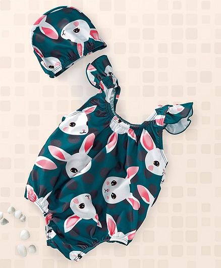 Yellowbee Bunny Printed Cap Sleeves Swimsuit With Cap - Green