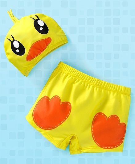 Yellowbee Swimming Shorts With Duck Print Cap - Yellow