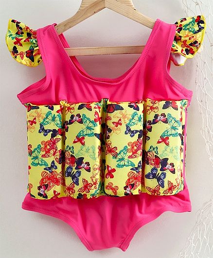 Yellowbee Butterfly Print Cap Sleeves Float Suit - Pink