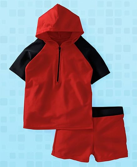 Yellowbee Color Block Half Sleeves Hooded T-Shirt & Shorts Set - Red