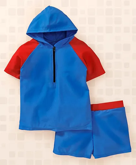 Yellowbee Color Block Half Sleeves Hooded T-Shirt & Shorts Set - Blue
