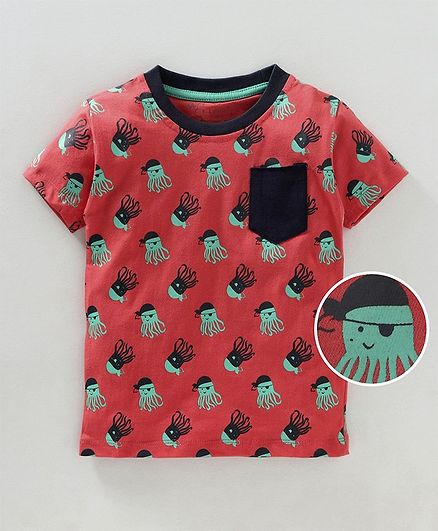 Kid Studio Octopus Print Half Sleeves T-Shirt - Red