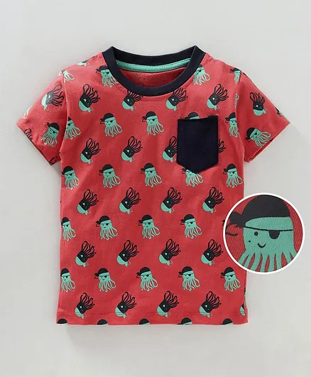 Kid Studio Octopus Print Half Sleeves T-Shirt - Red