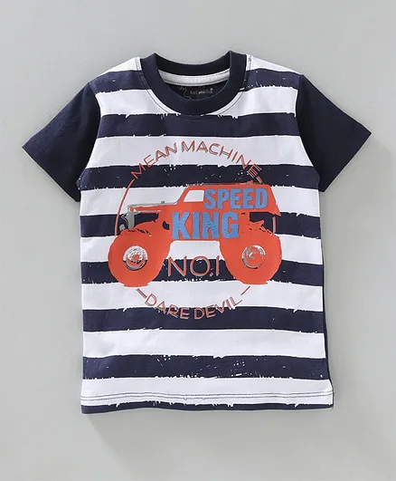 Kid Studio Striped & Text Print Half Sleeves T-Shirt - Navy Blue