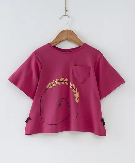 Kid Studio Leaves Printed Half Sleeves Top With Front Pocket - Pink