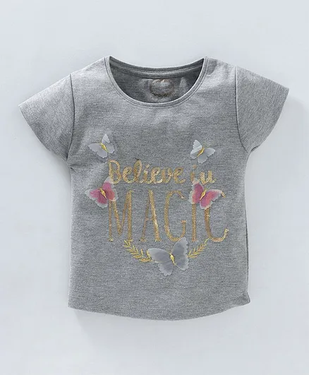 Kid Studio Butterfly & Text Embellished Cap Sleeves Top - Grey
