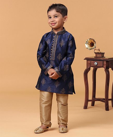 Babyhug Full Sleeves Printed Kurta & Pyjama Set - Navy Blue Golden