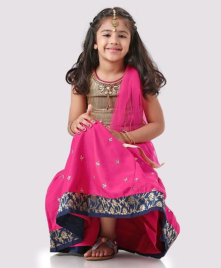 Babyhug Sleeveless Blouse WIth Jari Embroidered Lehenga & Dupatta - Pink Golden