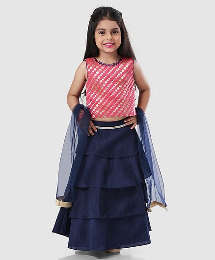 Babyhug Sleeveless Choli Layered Lehenga & Dupatta Set - Pink Navy Blue