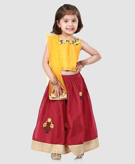 Babyhug Sleeveless Choli And Lehenga With Net Dupatta Bead Detailing - Yellow Red