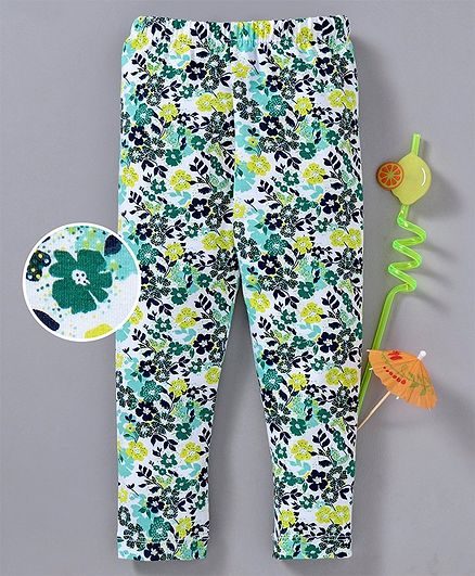 Babyhug Full Length Stretchable Leggings Allover Print - White Green